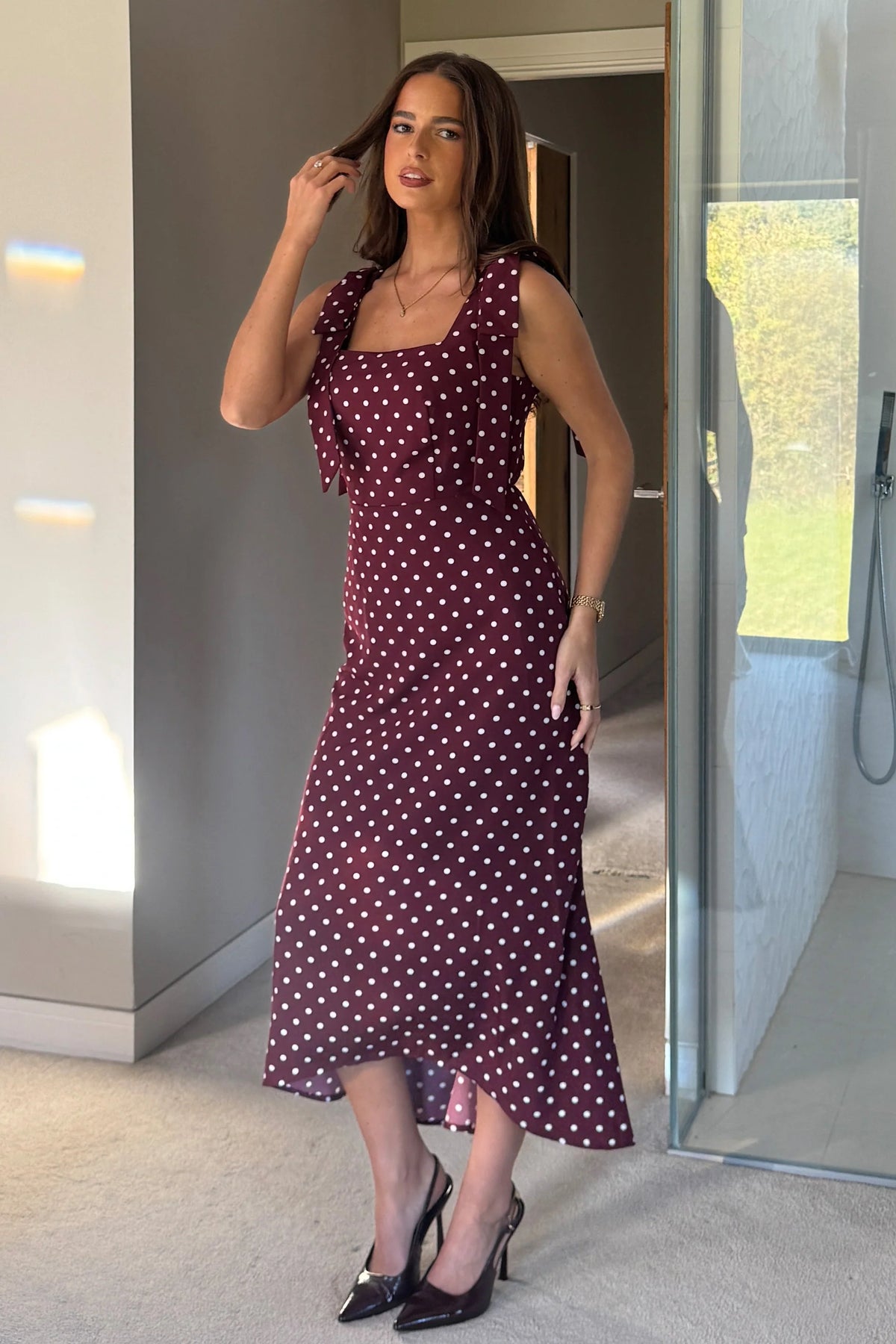 Girl In Mind Jovi Berry Polka Dot Tie Shoulder Midi Dress