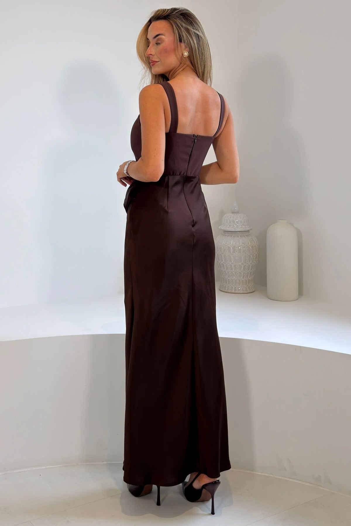 Girl In Mind Justine Ruched Panel Design Brown Midi Dress