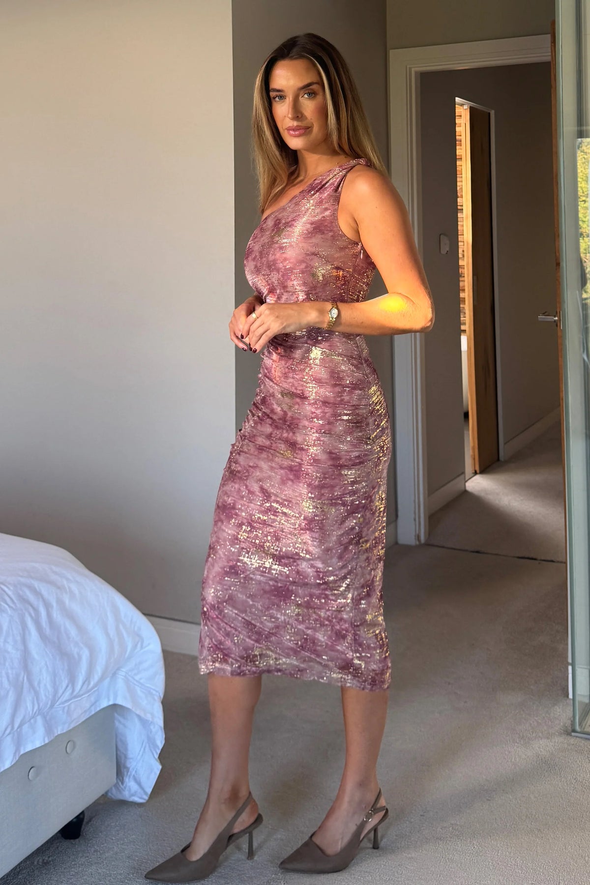 Girl In Mind Kally Pink Foil Print One Shoulder Midi Dress