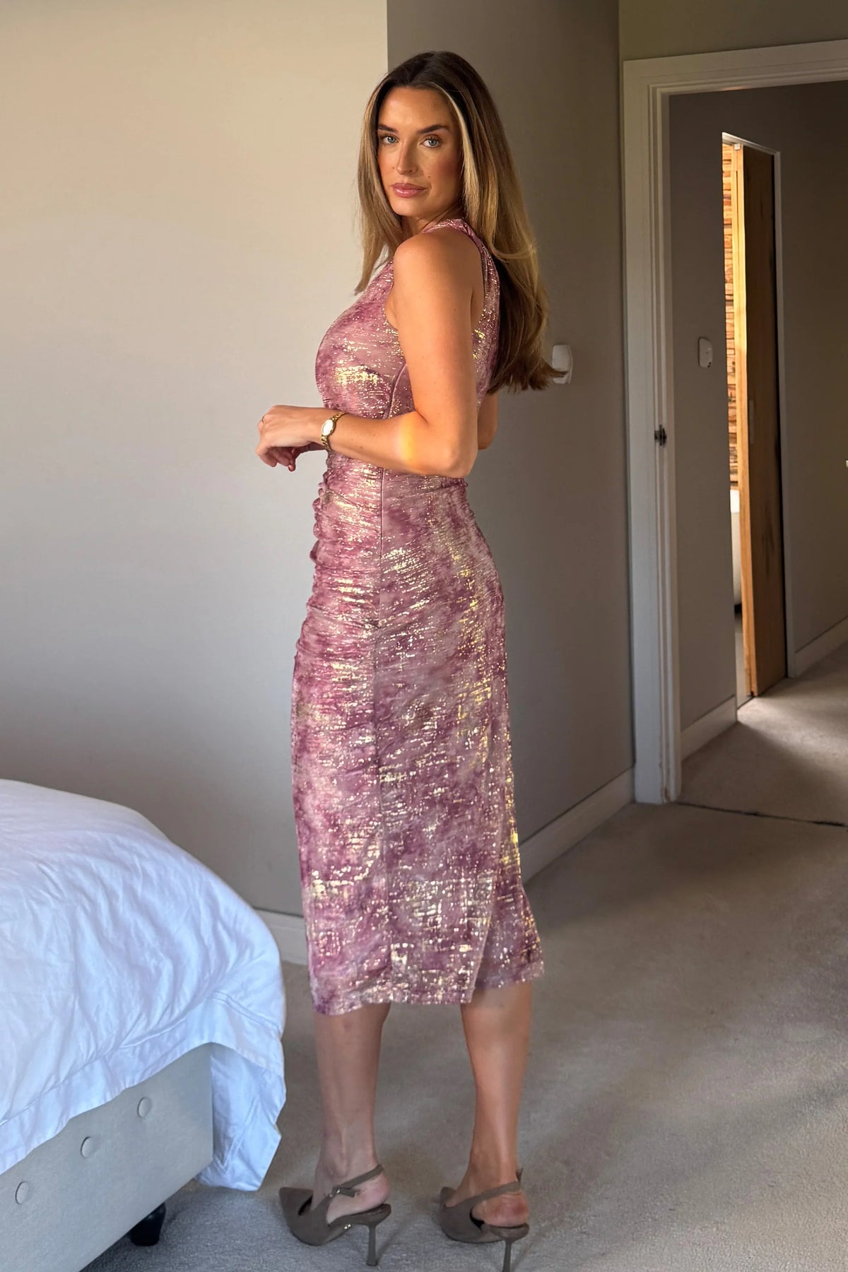 Girl In Mind Kally Pink Foil Print One Shoulder Midi Dress