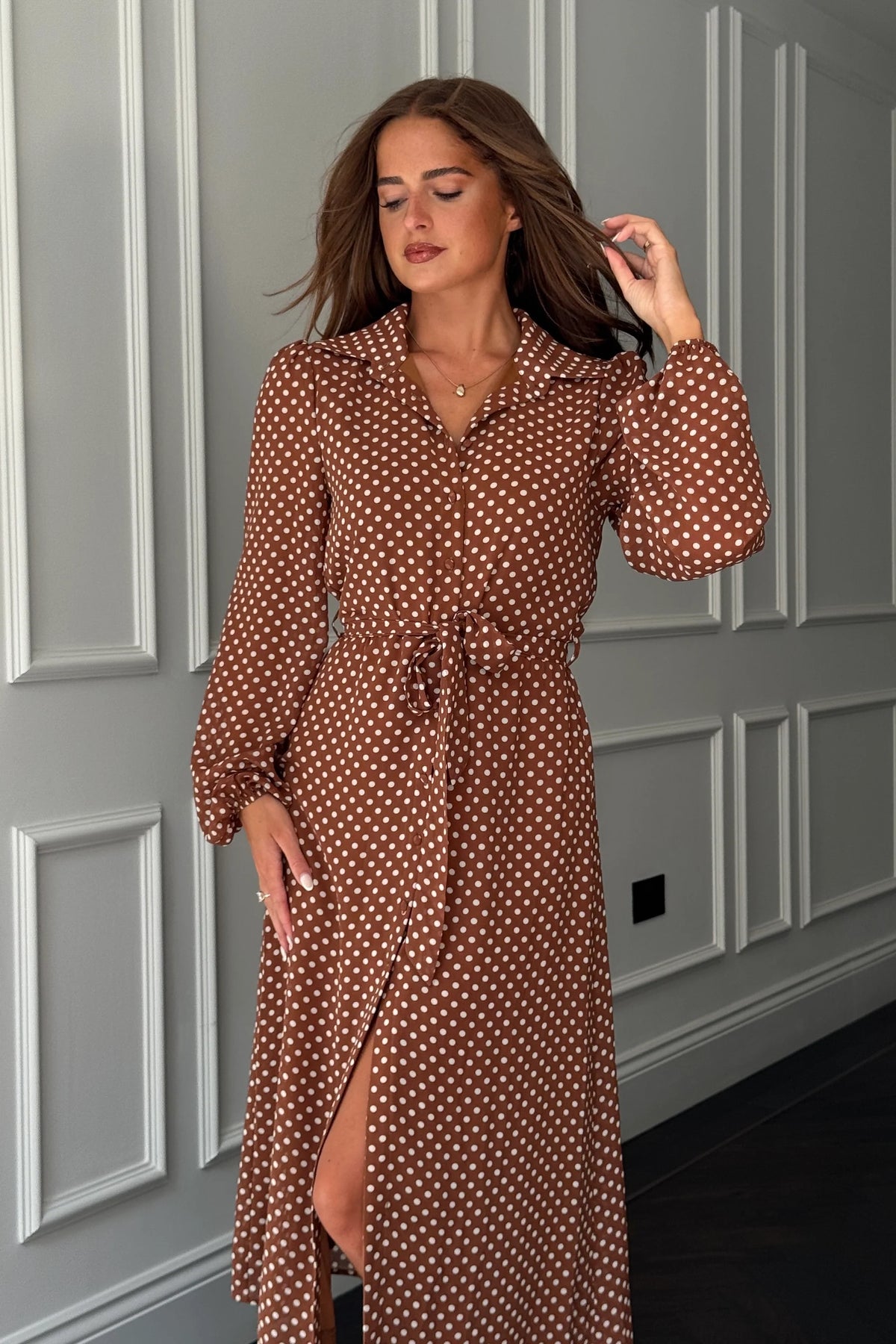 Girl In Mind Kaya Brown Spot Midi Shirt Dress