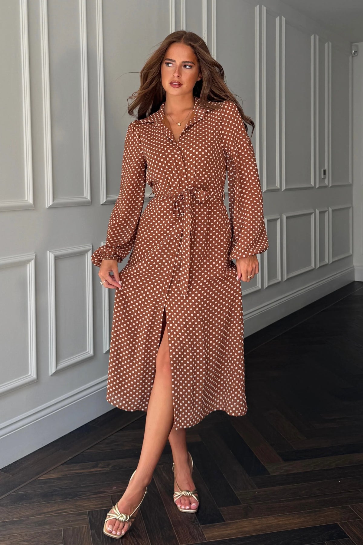 Girl In Mind Kaya Brown Spot Midi Shirt Dress