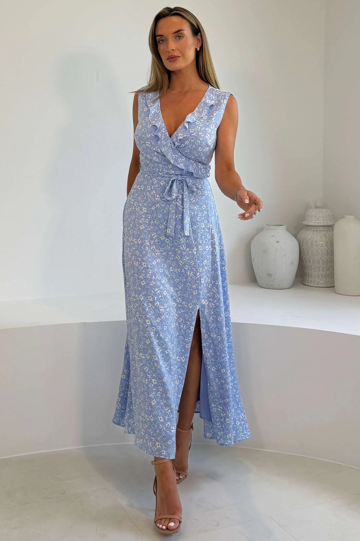 Girl In Mind Kiki Blue Floral Split Maxi Dress