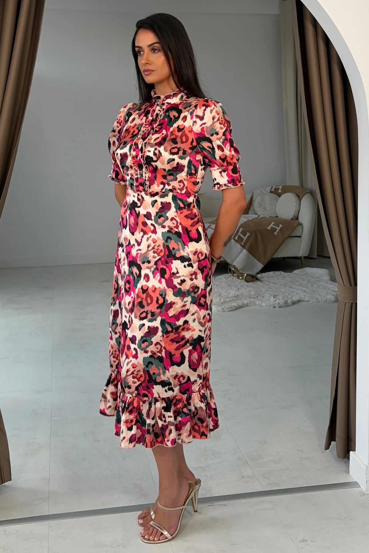 Girl In Mind Ruffle Pink Leopard Print Midi Dress
