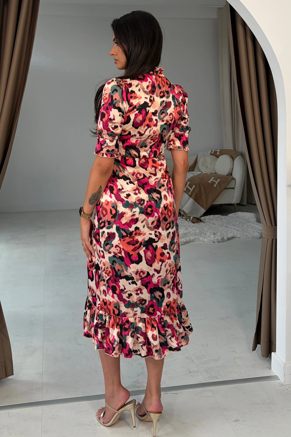 Girl In Mind Ruffle Pink Leopard Print Midi Dress