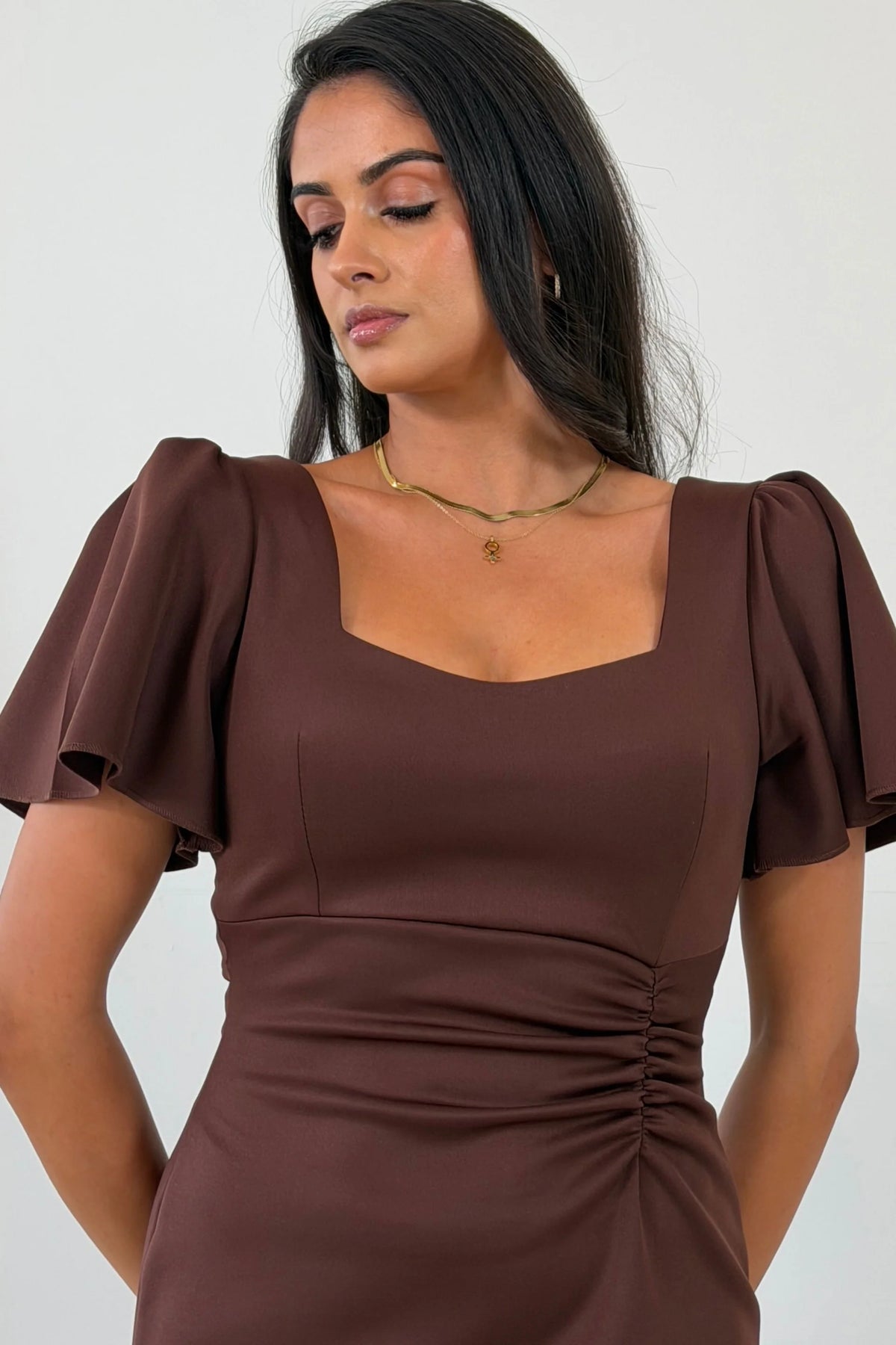 Girl In Mind Leona Square Neck Brown Frill Midi Dress