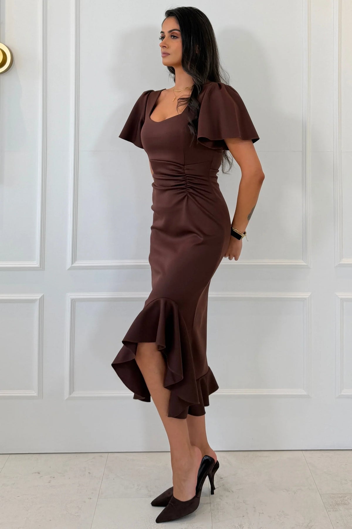 Girl In Mind Leona Square Neck Brown Frill Midi Dress