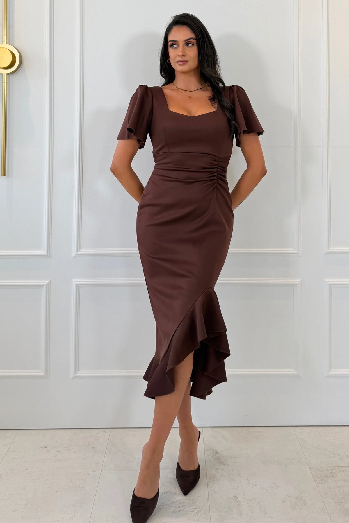 Girl In Mind Leona Square Neck Brown Frill Midi Dress
