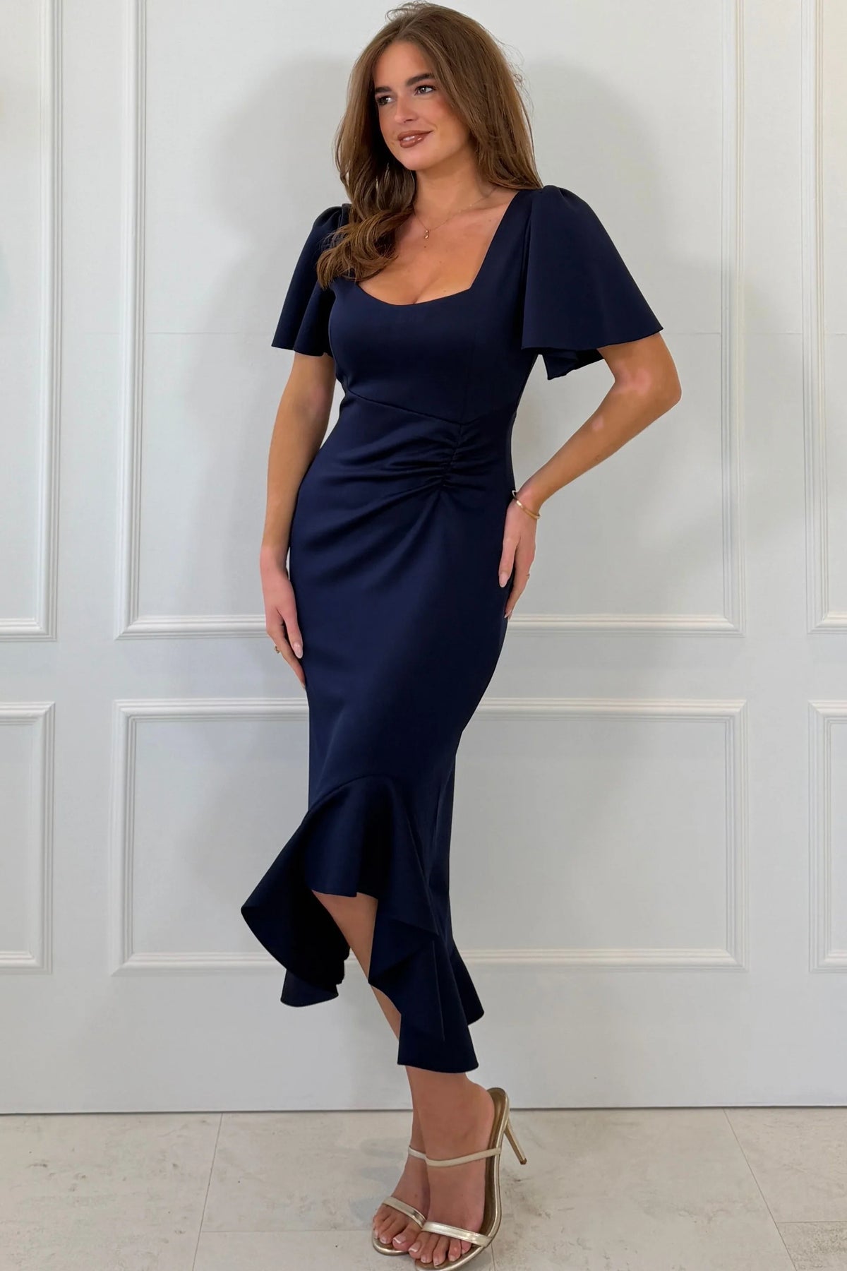 Girl In Mind Leona Square Neck Navy Blue Frill Midi Dress