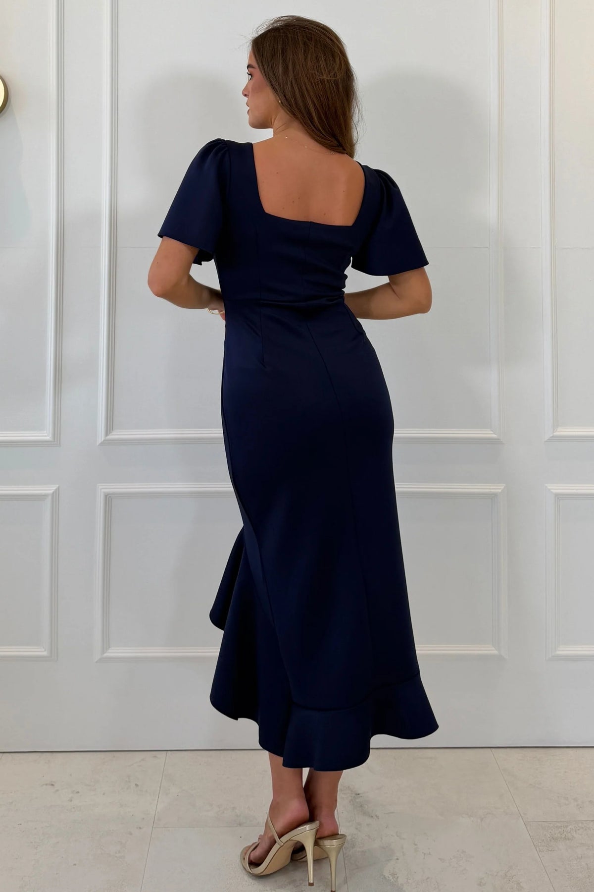 Girl In Mind Leona Square Neck Navy Blue Frill Midi Dress