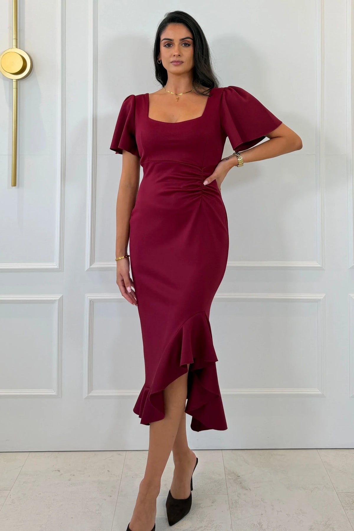 Girl In Mind Leona Square Neck Wine Frill Midi Dress