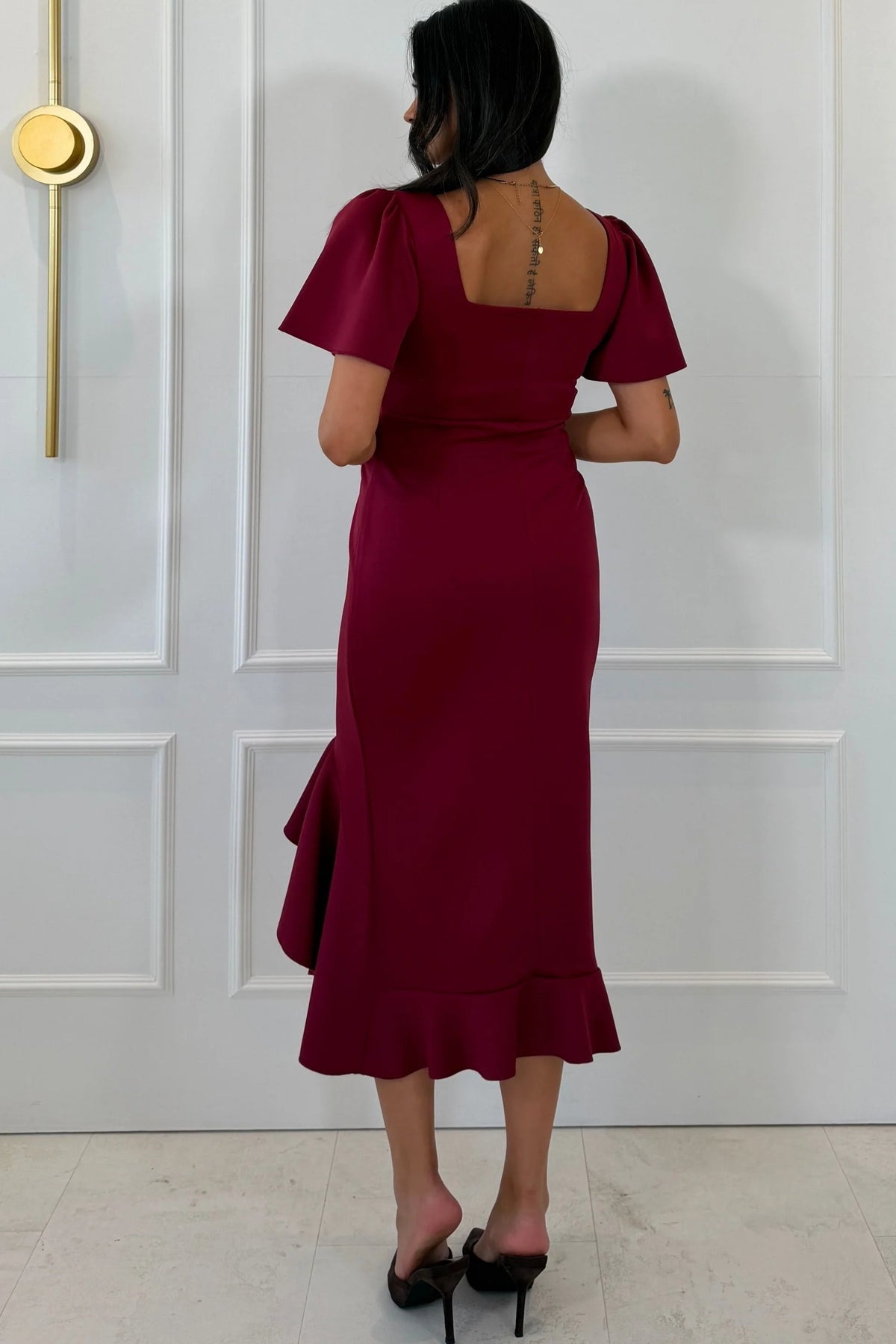 Girl In Mind Leona Square Neck Wine Frill Midi Dress
