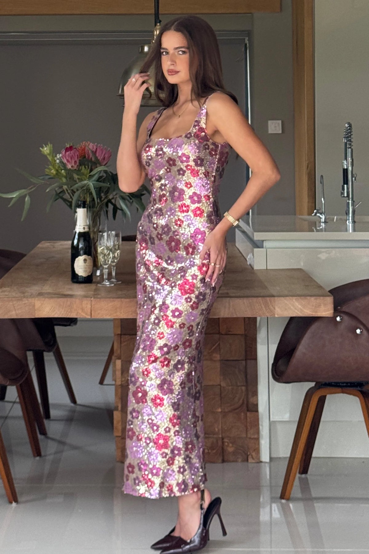 Girl In Mind Lisbon Square Neck Gold & Pink Sequin Floral Midi Dress