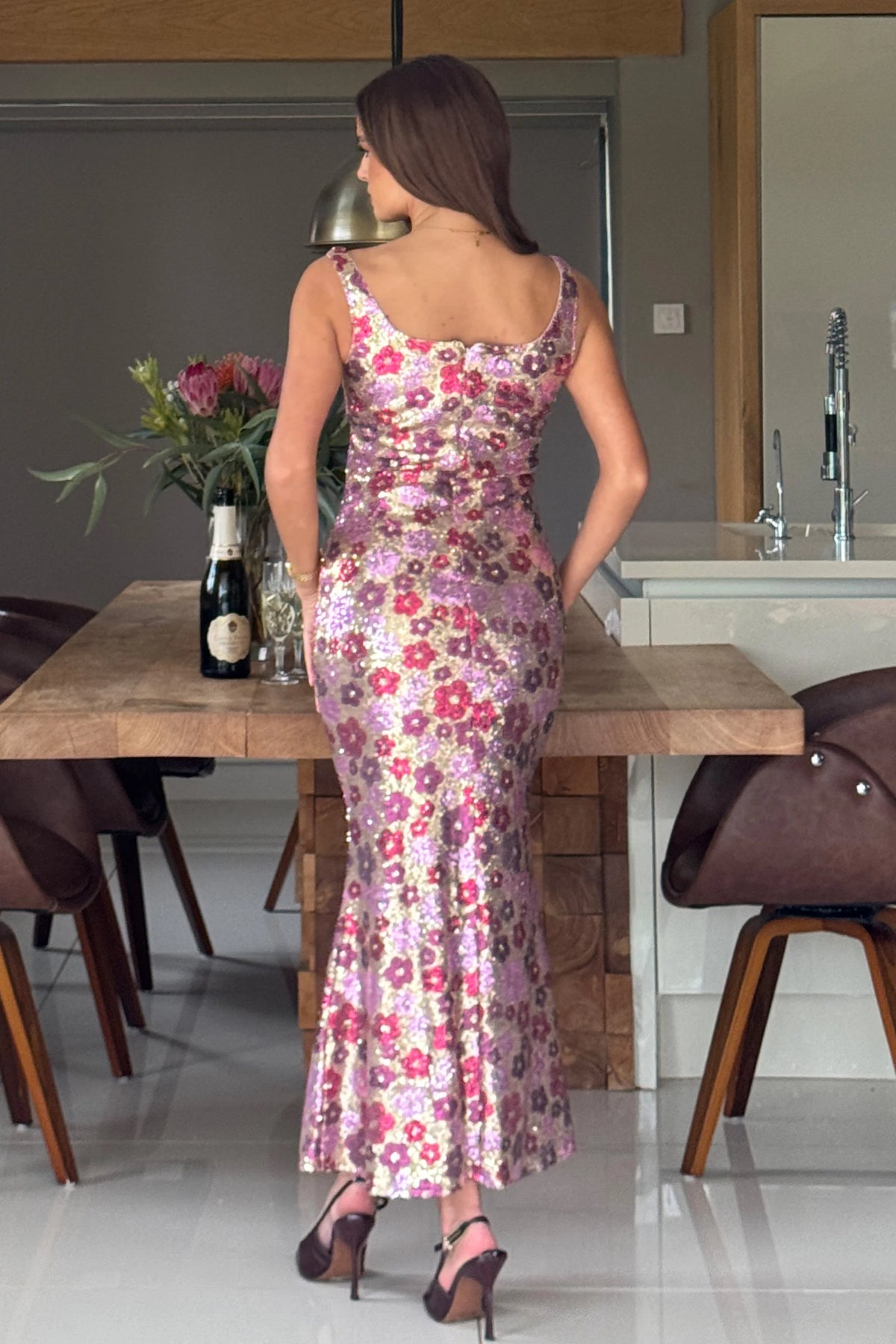 Girl In Mind Lisbon Square Neck Gold & Pink Sequin Floral Midi Dress