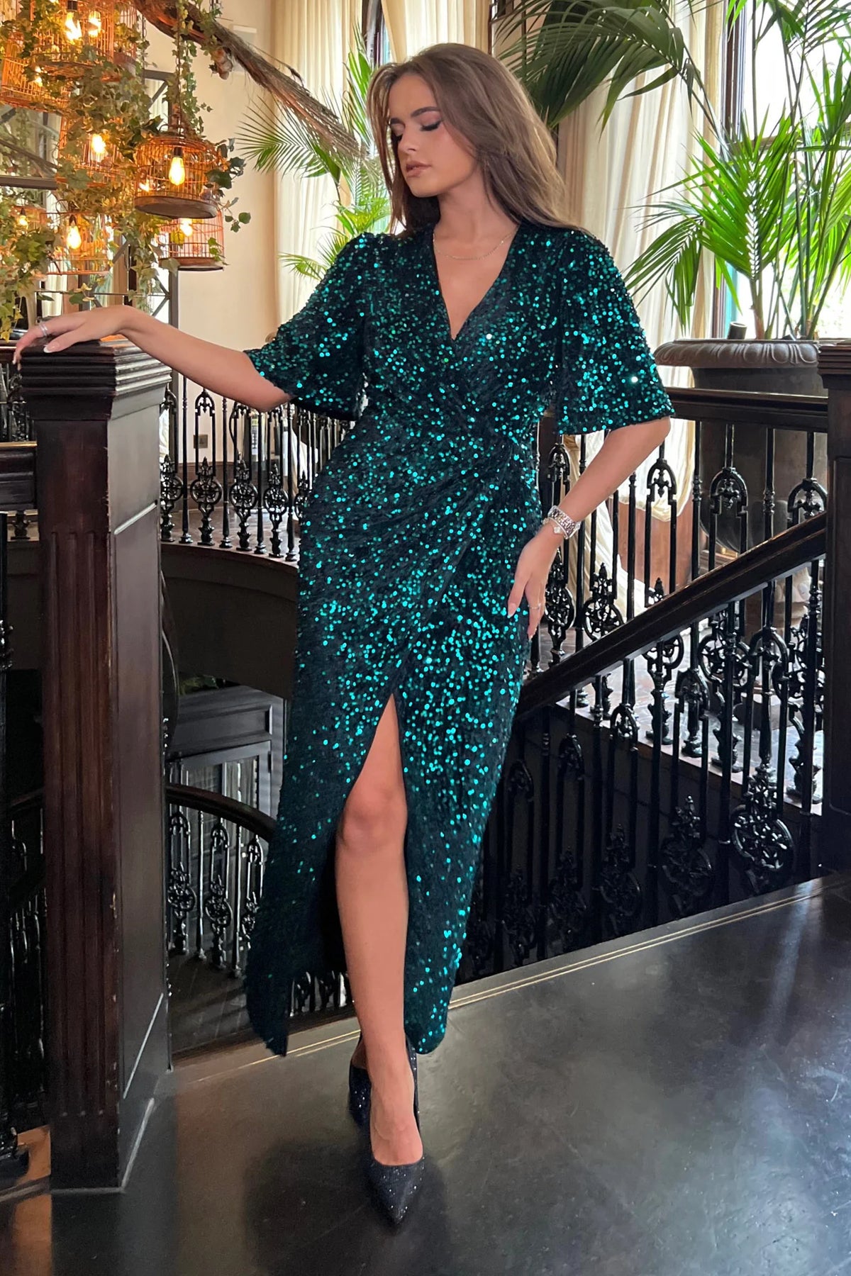 girl in mind lilah sequin green maxi dress