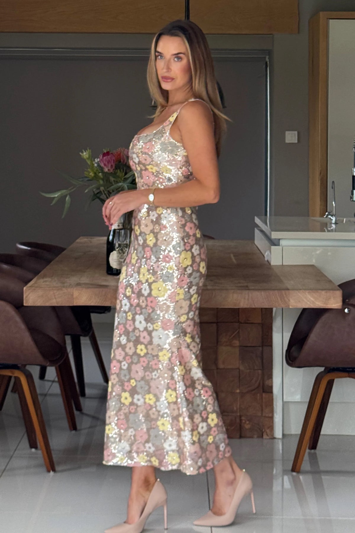 Girl In Mind Lisbon Square Neck Gold Sequin Floral Midi Dress