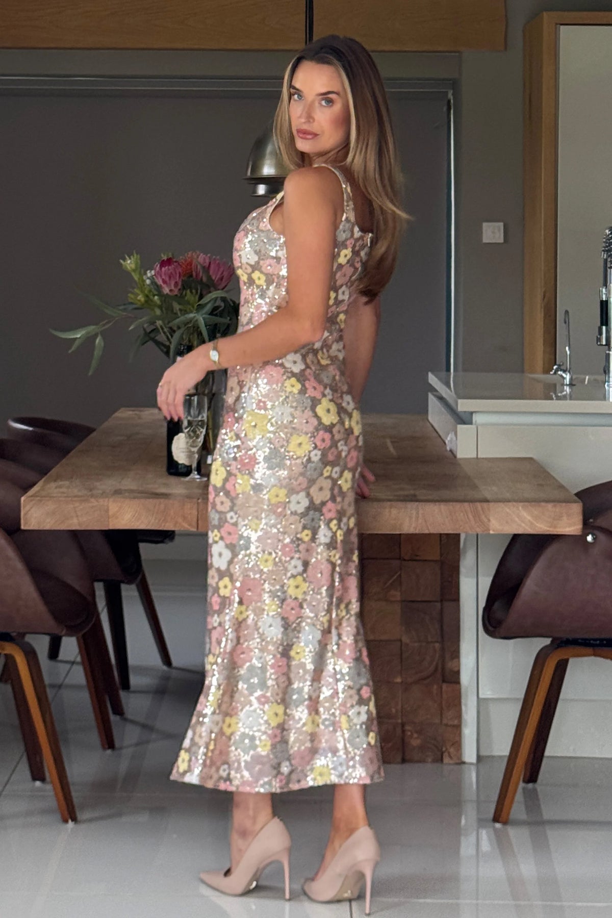 Girl In Mind Lisbon Square Neck Gold Sequin Floral Midi Dress