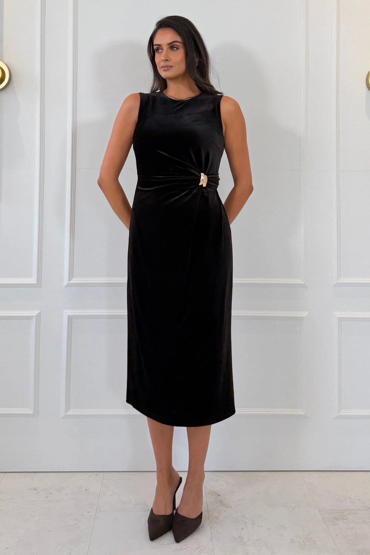 Girl In Mind Louisa Velvet Gold Buckle Midi Dress