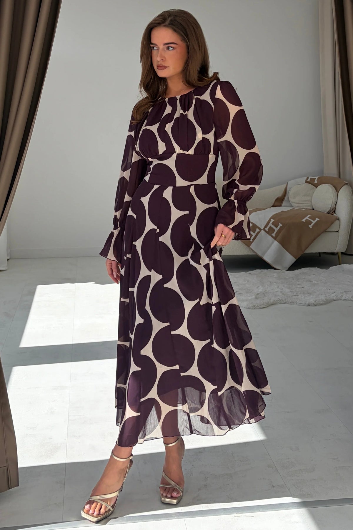 Girl In Mind Marcella Spot Print Long Sleeve Plum Dress