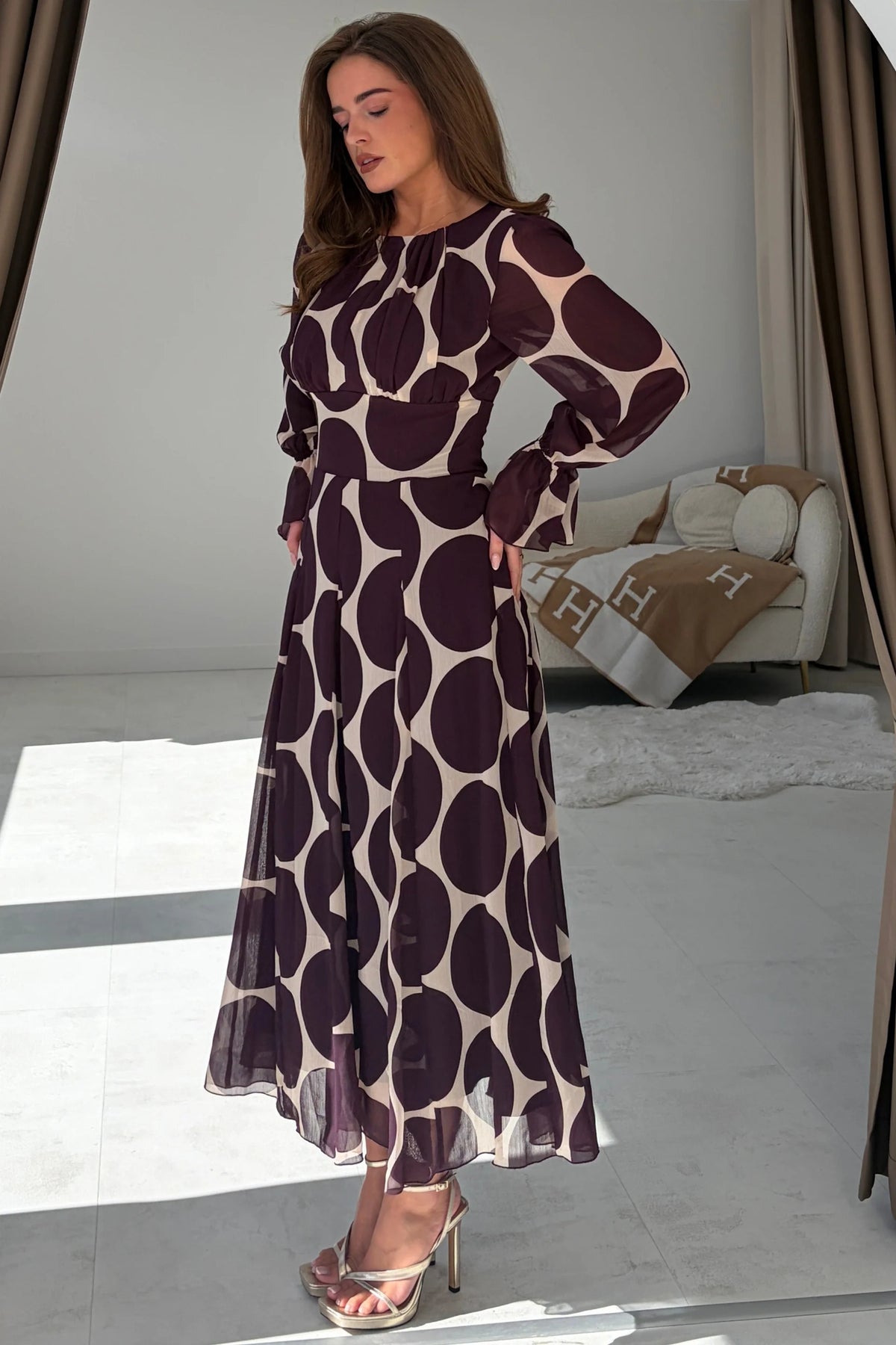 Girl In Mind Marcella Spot Print Long Sleeve Plum Dress