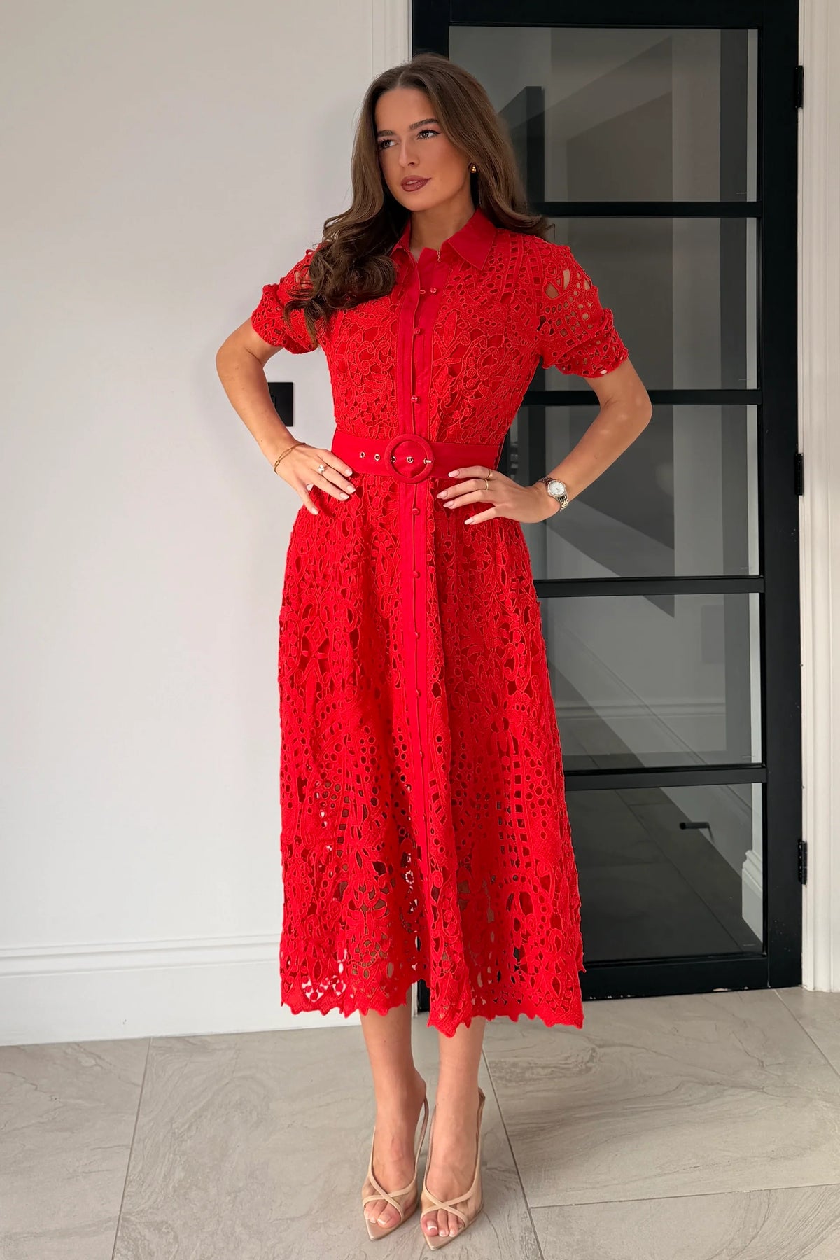 Girl In Mind Meadow Short Sleeve Red Shirt Midi Dress