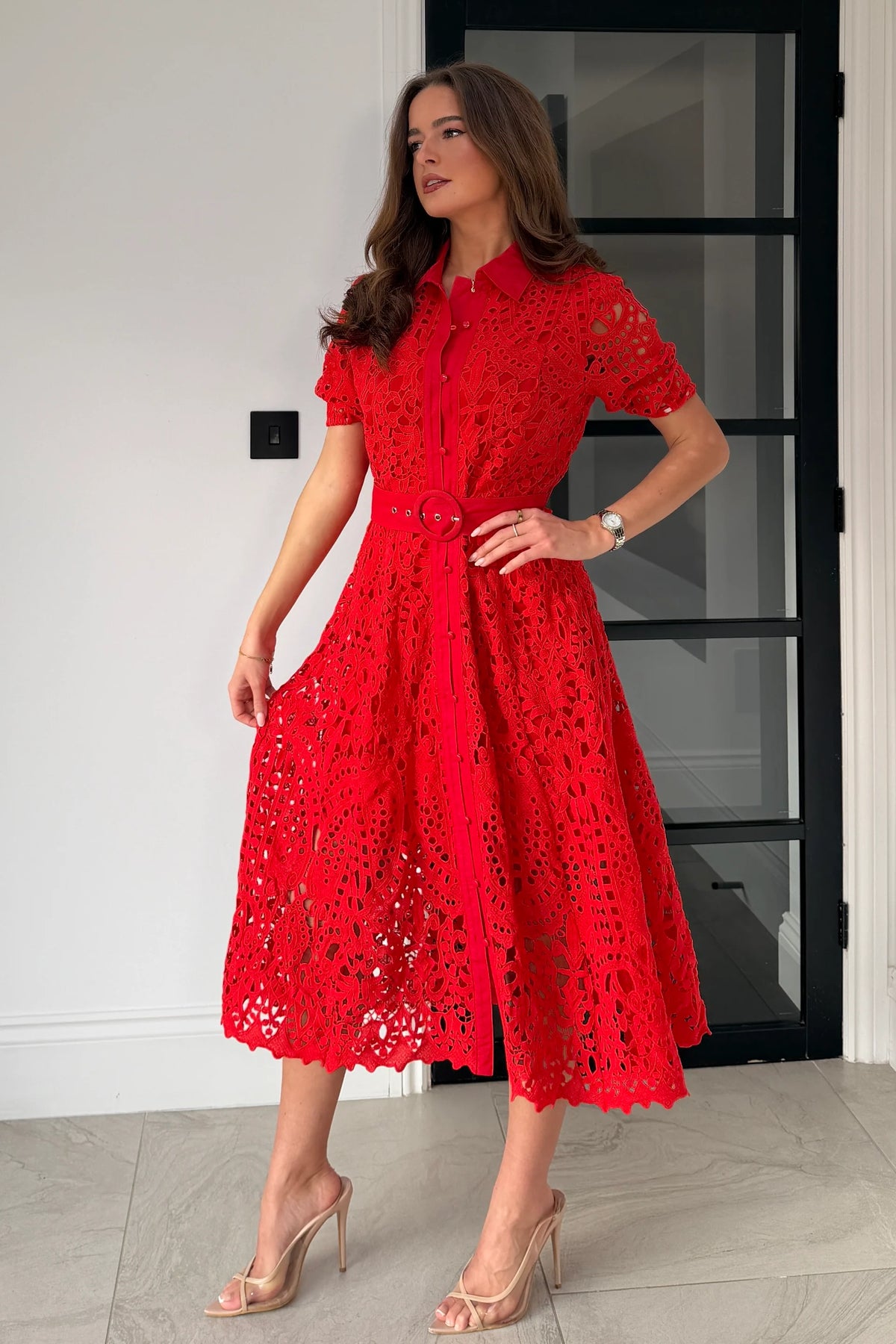 Girl In Mind Meadow Short Sleeve Red Shirt Midi Dress