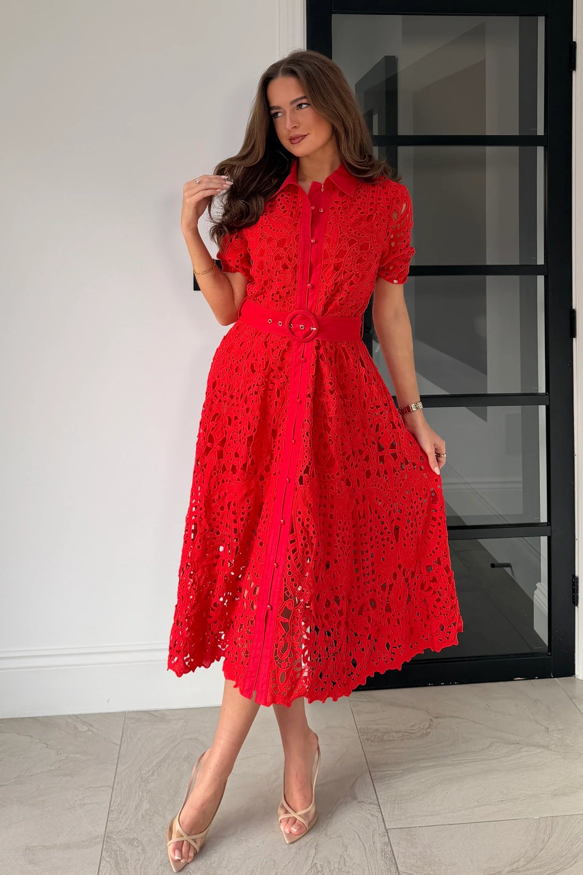 red shirt midi dress Girl In Mind Meadow Short Sleeve Red Shirt Midi Dress Love My Apparel