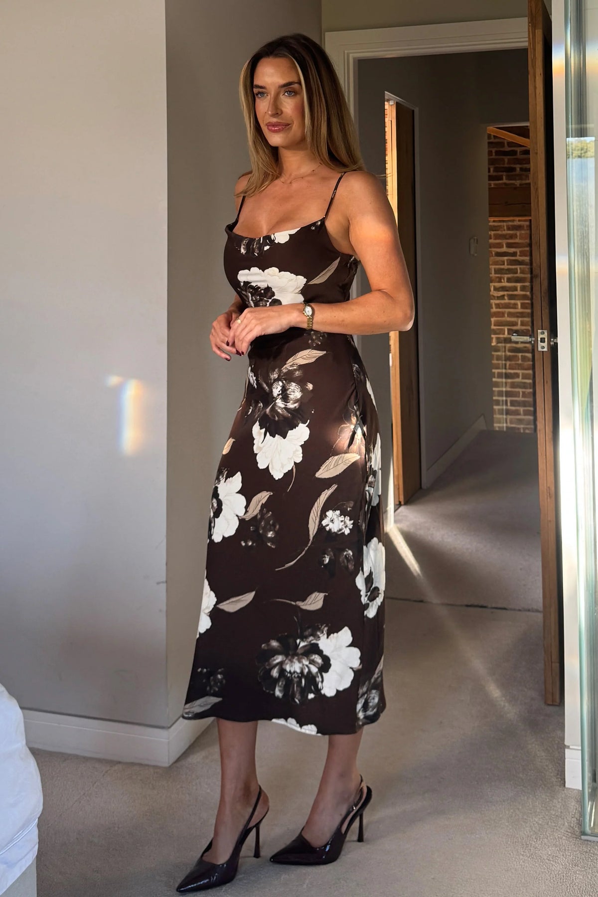 Girl In Mind Naomi Brown Floral Midi Slip Dress