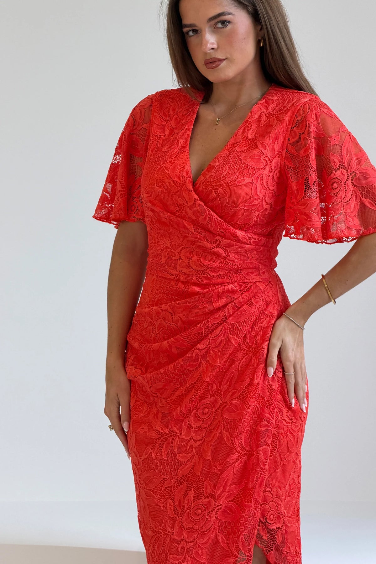 Girl In Mind Natasha Orange Lace Midi Dress