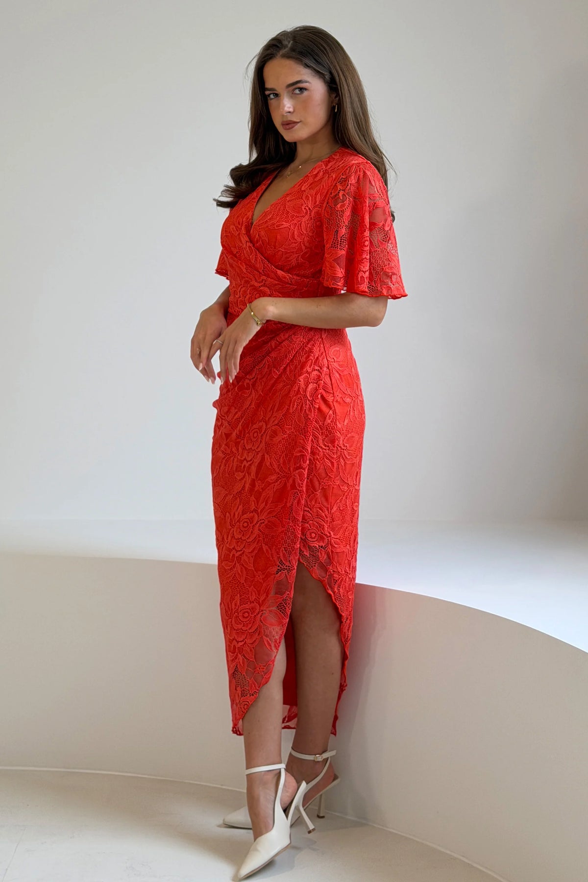 Girl In Mind Natasha Orange Lace Midi Dress