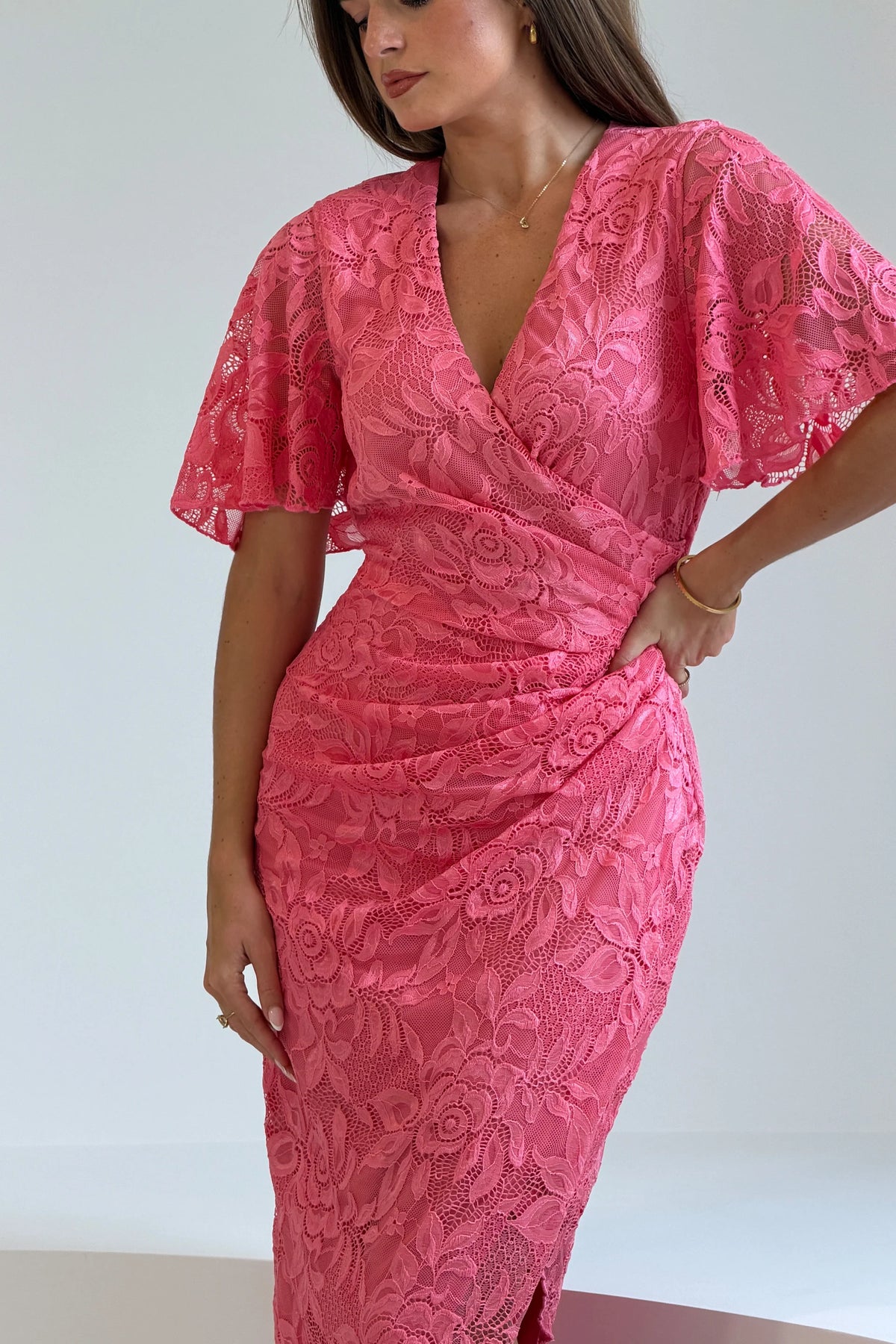 Girl In Mind Natasha Pink Lace Midi Dress