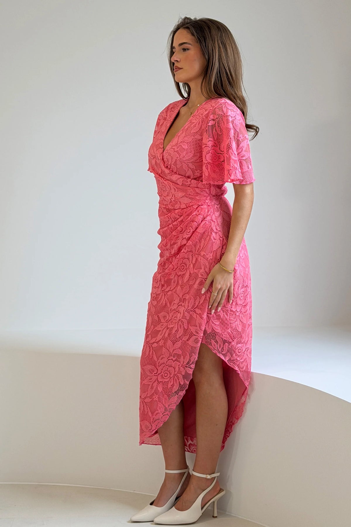 Girl In Mind Natasha Pink Lace Midi Dress