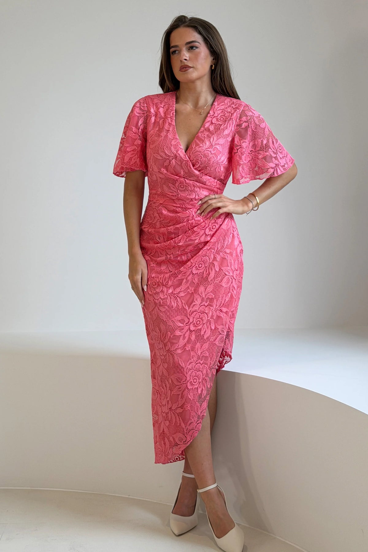 Girl In Mind Natasha Pink Lace Midi Dress