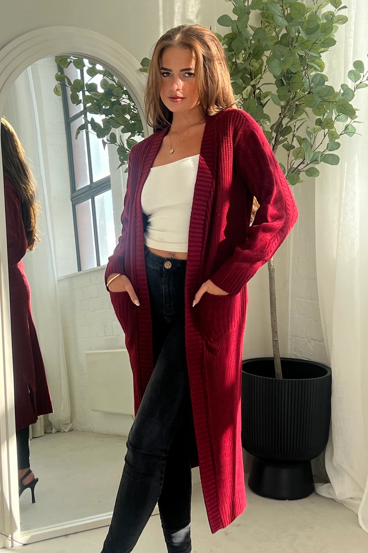 Girl In Mind Neve Cable knit Longline Burgundy Cardigan