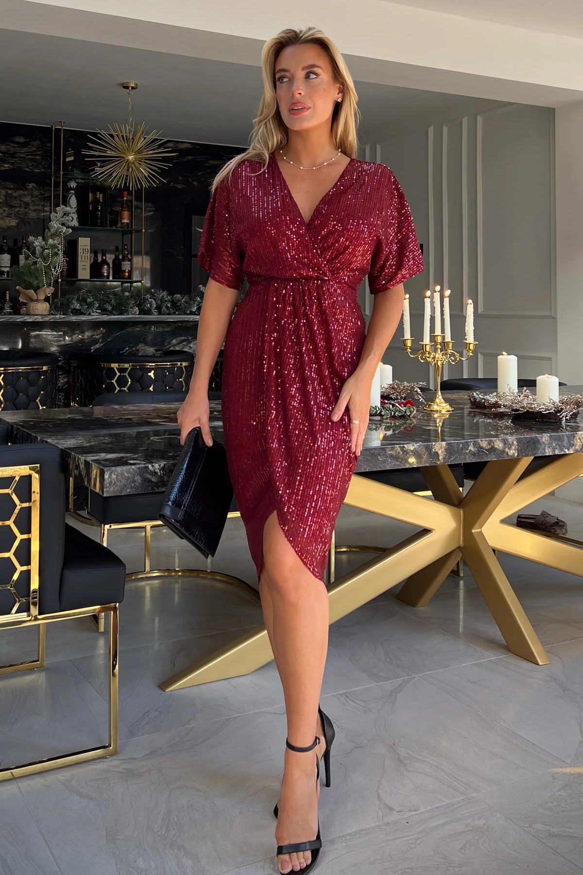 GIRL IN MIND Red Novah Sequin Wrap Midi Dress – Love My Apparel