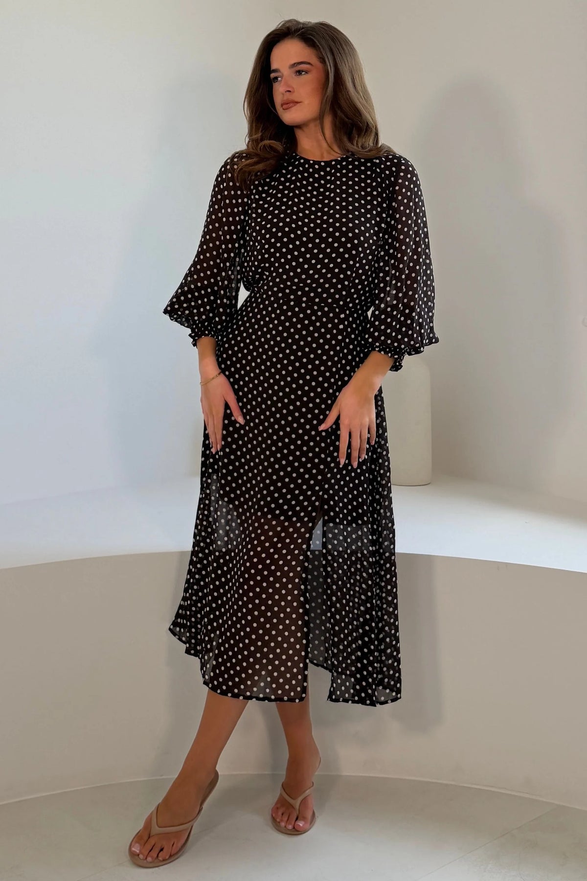 girl-in-mind-oraya-shirred-sleeve-brown-spot-midi-dress
