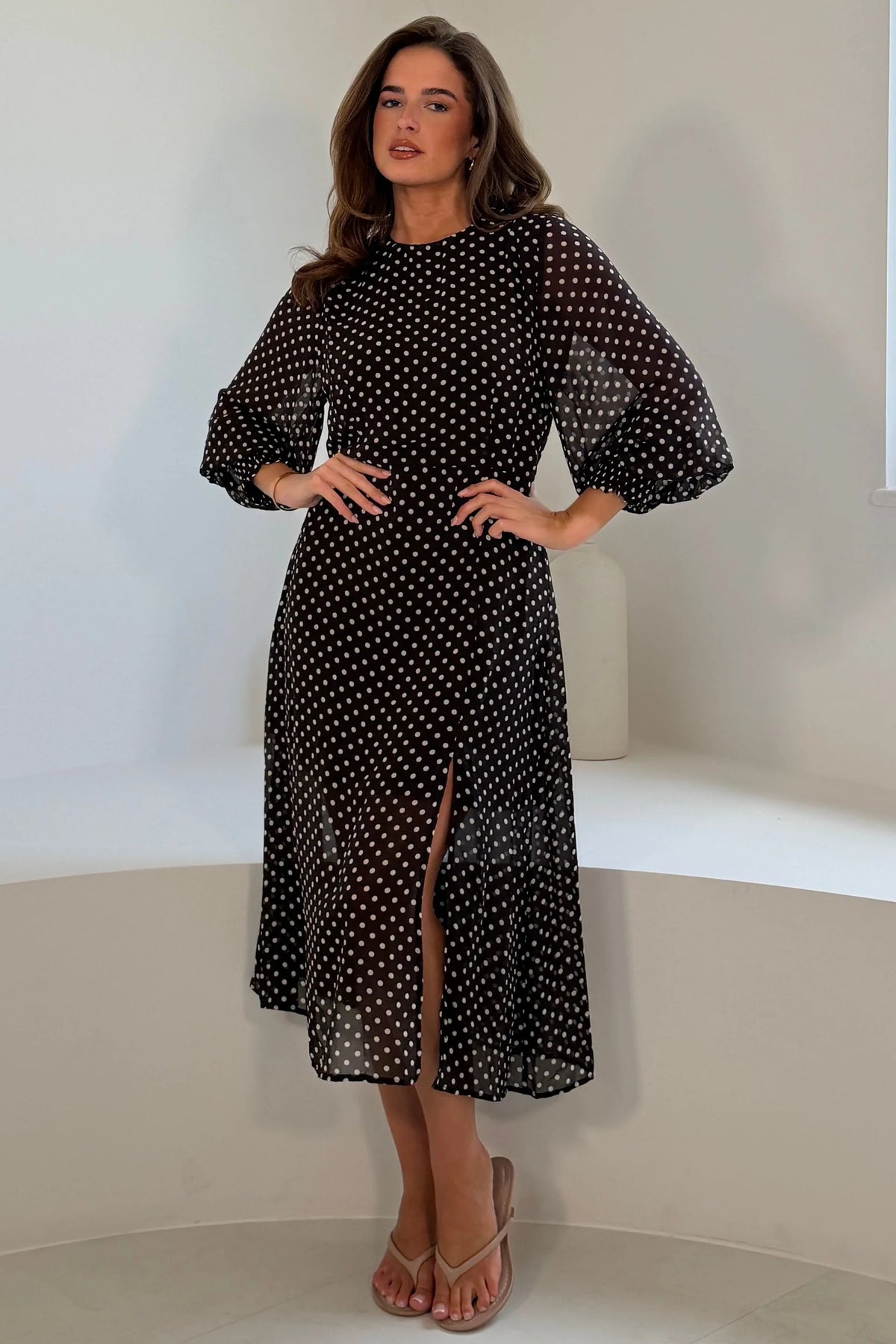 Girl In Mind Oraya Shirred Sleeve Brown Spot Midi Dress