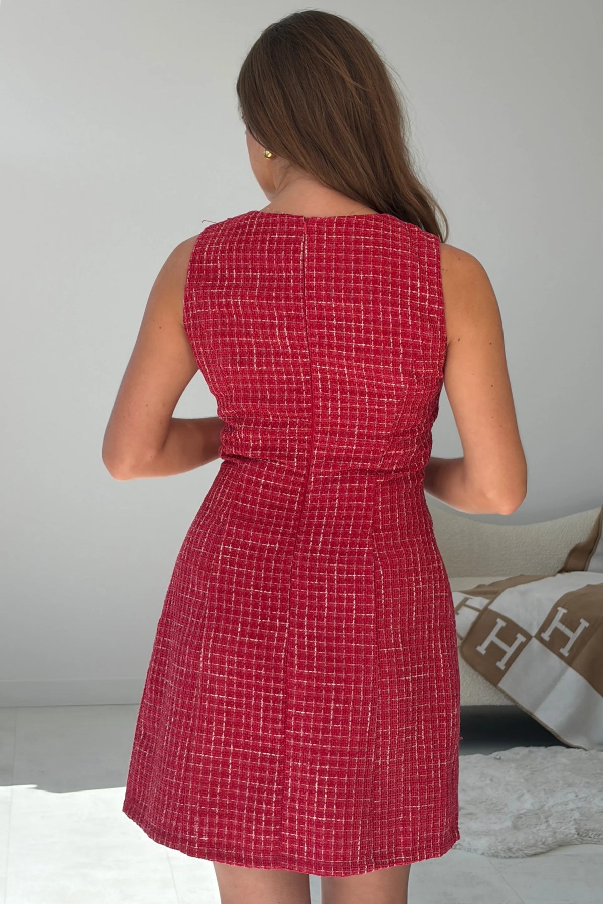 Girl In Mind Pauline Tweed Gold Button Red Mini Dress