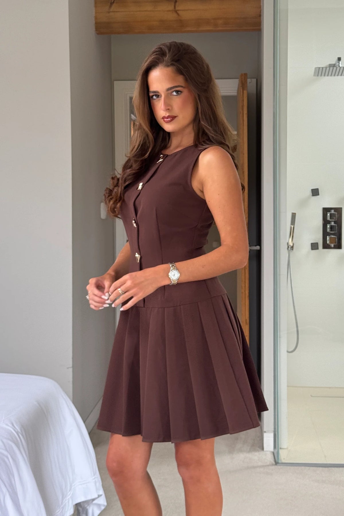 Girl In Mind Penelope Brown Tailored Pleated Mini Dress