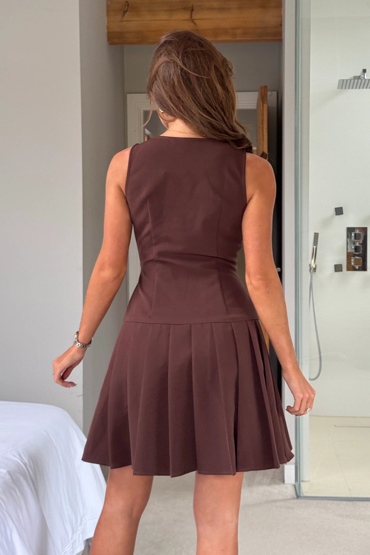 Girl In Mind Penelope Brown Tailored Pleated Mini Dress