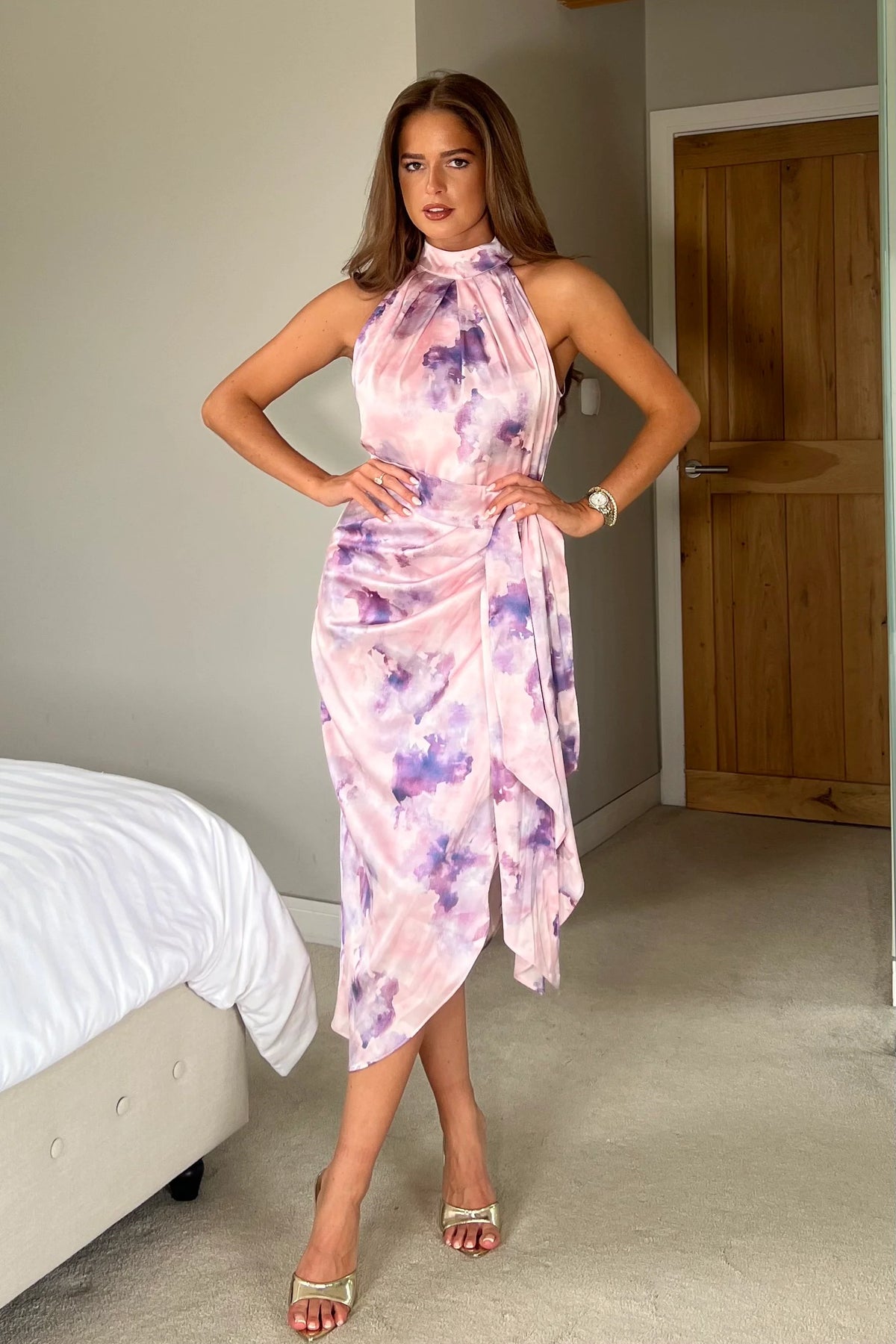 Girl In Mind Priya Tie Waist Halter neck Purple Midi Dress