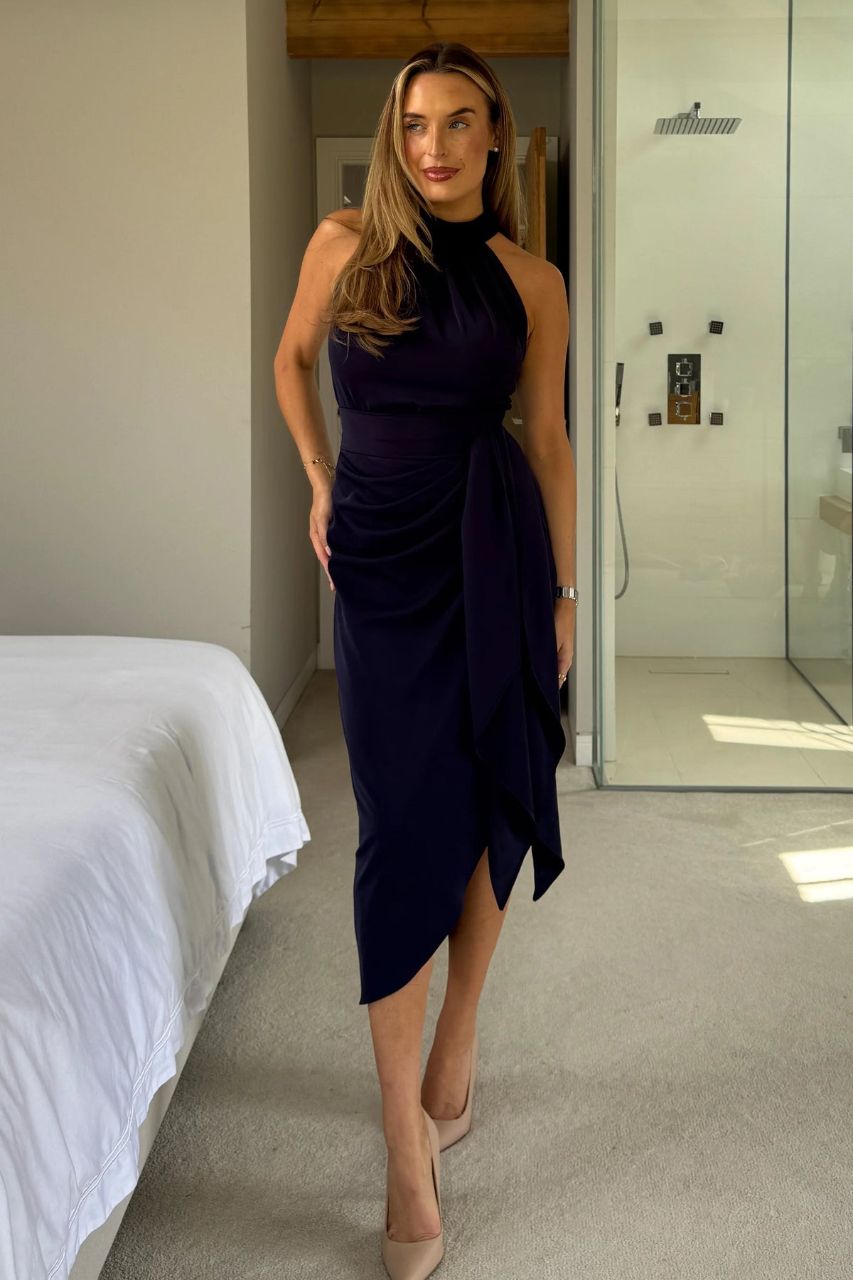 Girl In Mind Priya Tie Waist Halter Neck Navy Blue Midi Dress