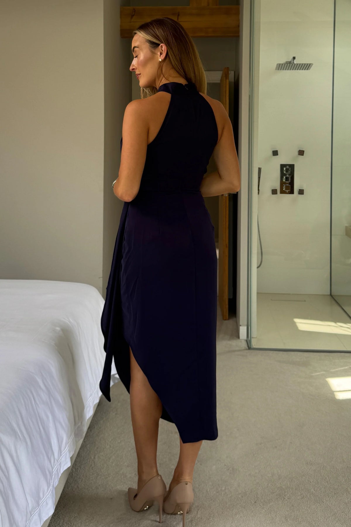 Girl In Mind Priya Tie Waist Halter Neck Navy Blue Midi Dress