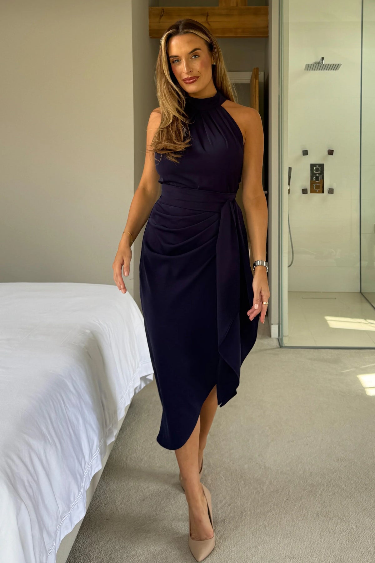 Girl In Mind Priya Tie Waist Halter Neck Navy Blue Midi Dress