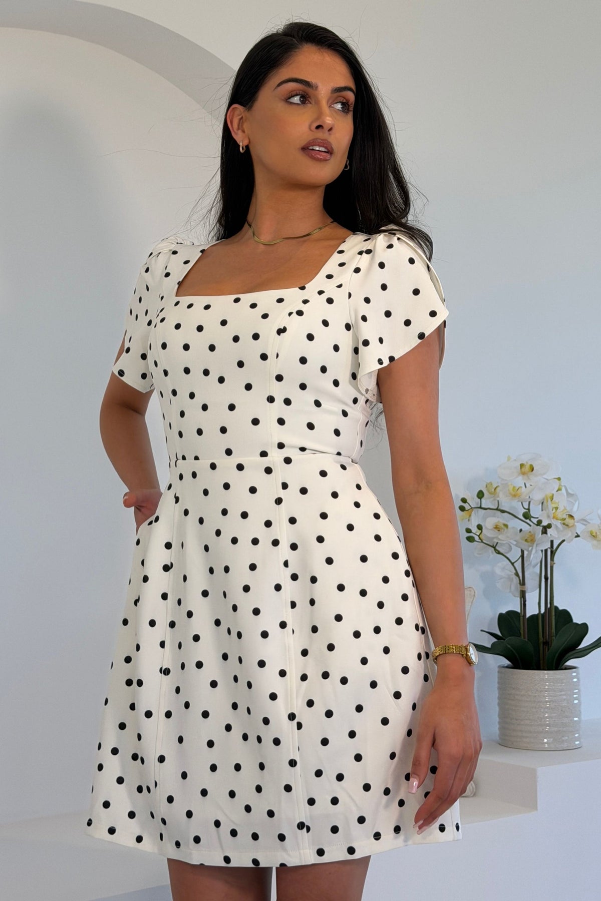 Girl In Mind Reeve Square Neckline White Polka Dot Mini Dress