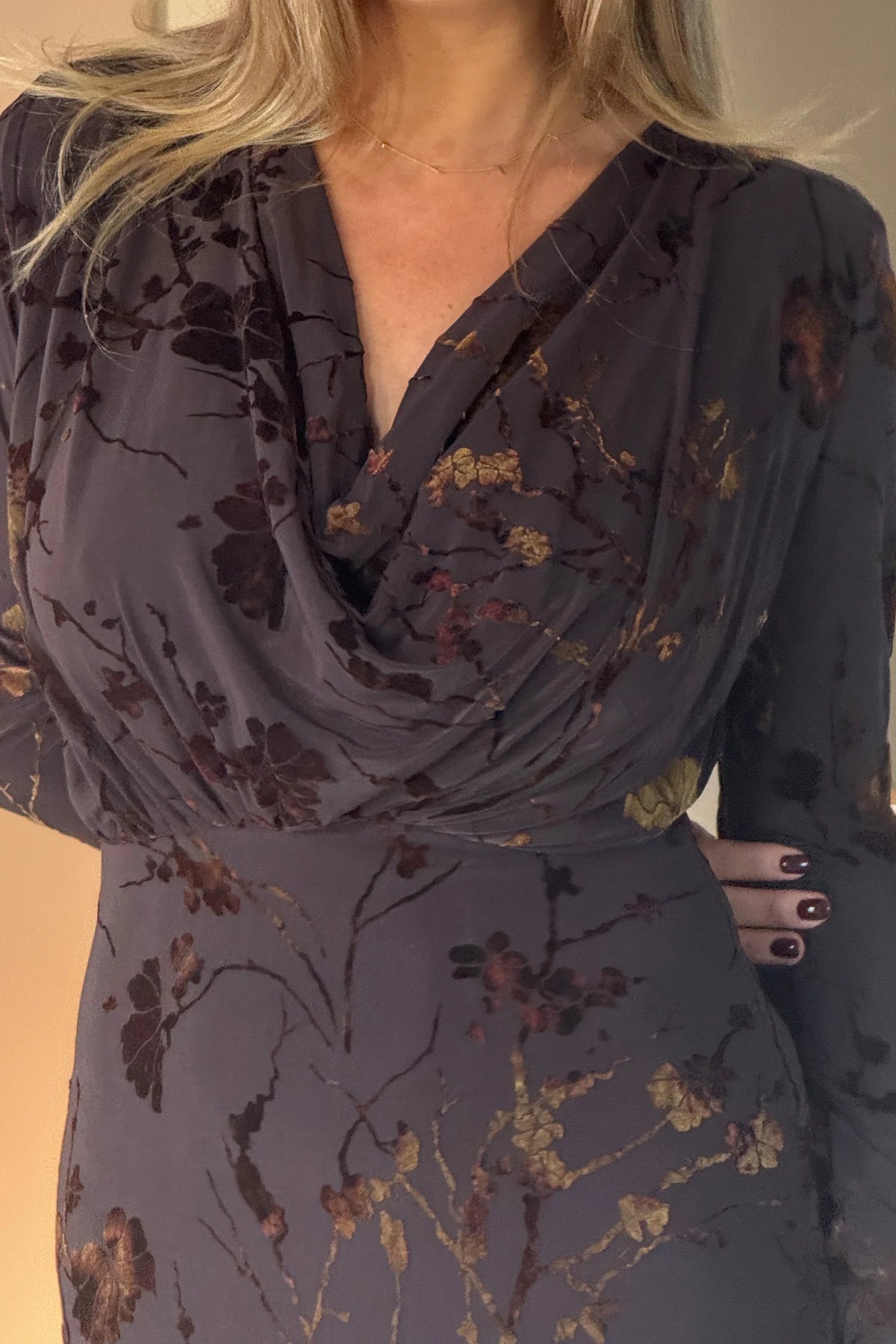 Girl In Mind Remington Floral Flocked Brown Cowl Neck Midi Dress