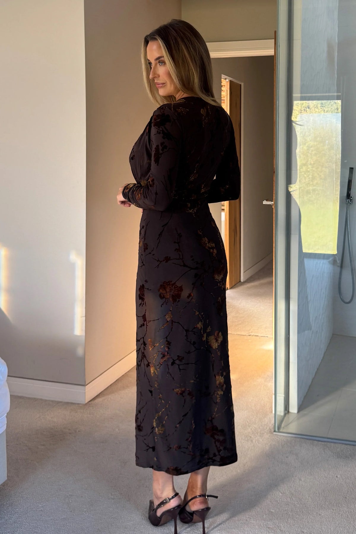 Girl In Mind Remington Floral Flocked Brown Cowl Neck Midi Dress