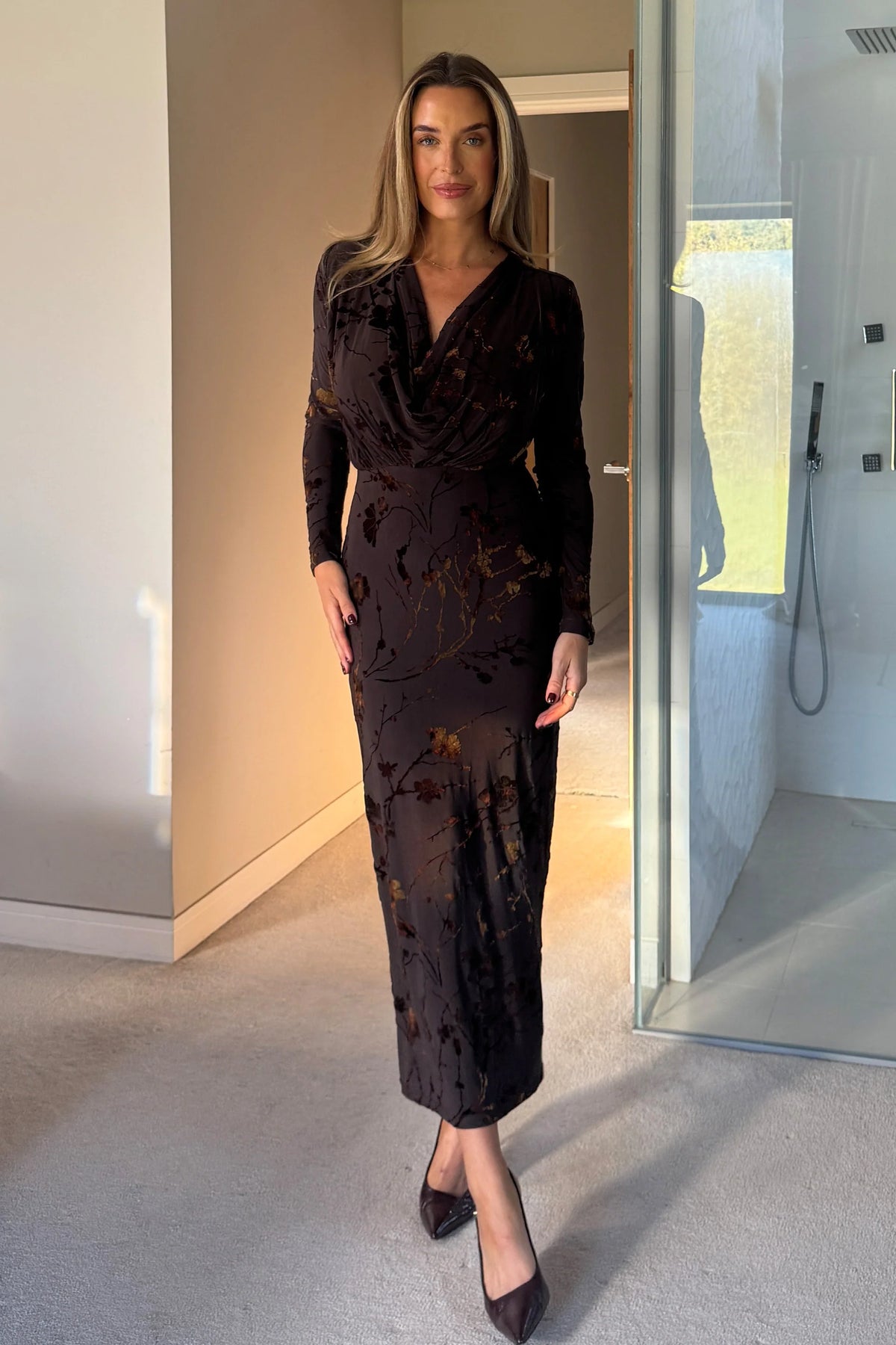 Girl In Mind Remington Floral Flocked Brown Cowl Neck Midi Dress