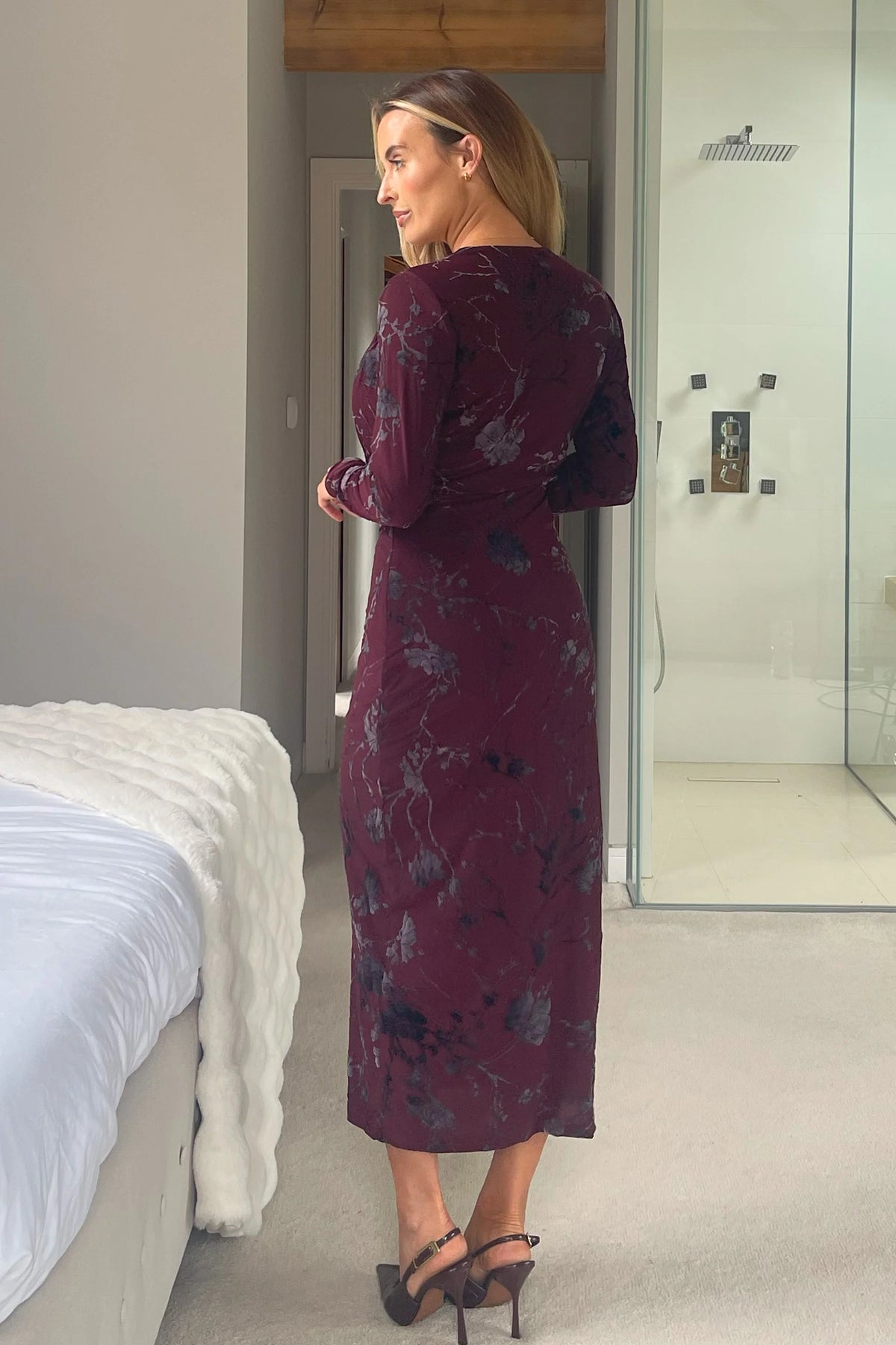 Girl In Mind Remington Floral Flocked Plum Cowl Neck Midi Dress