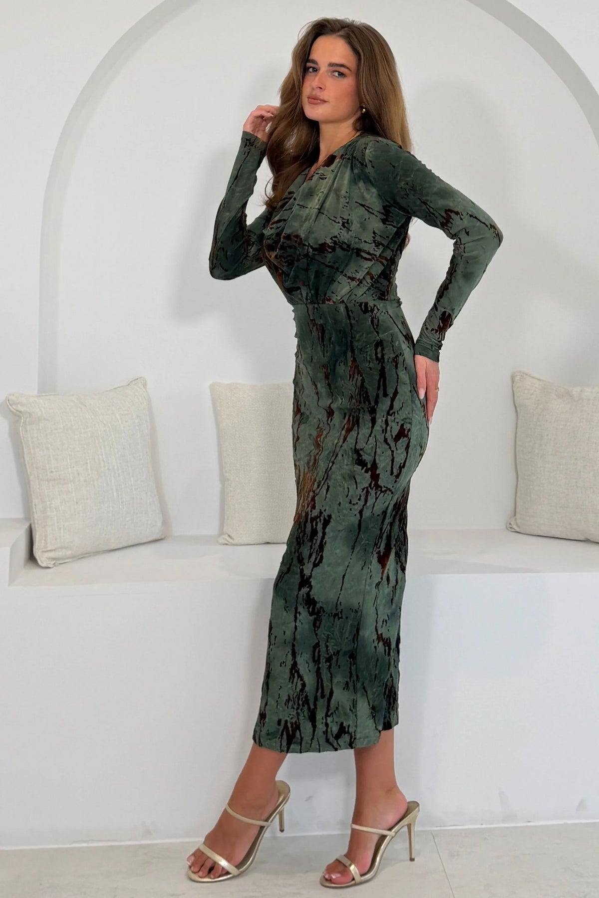 Girl In Mind Remington Textured Khaki Marble Cowl Neck Midi Dress